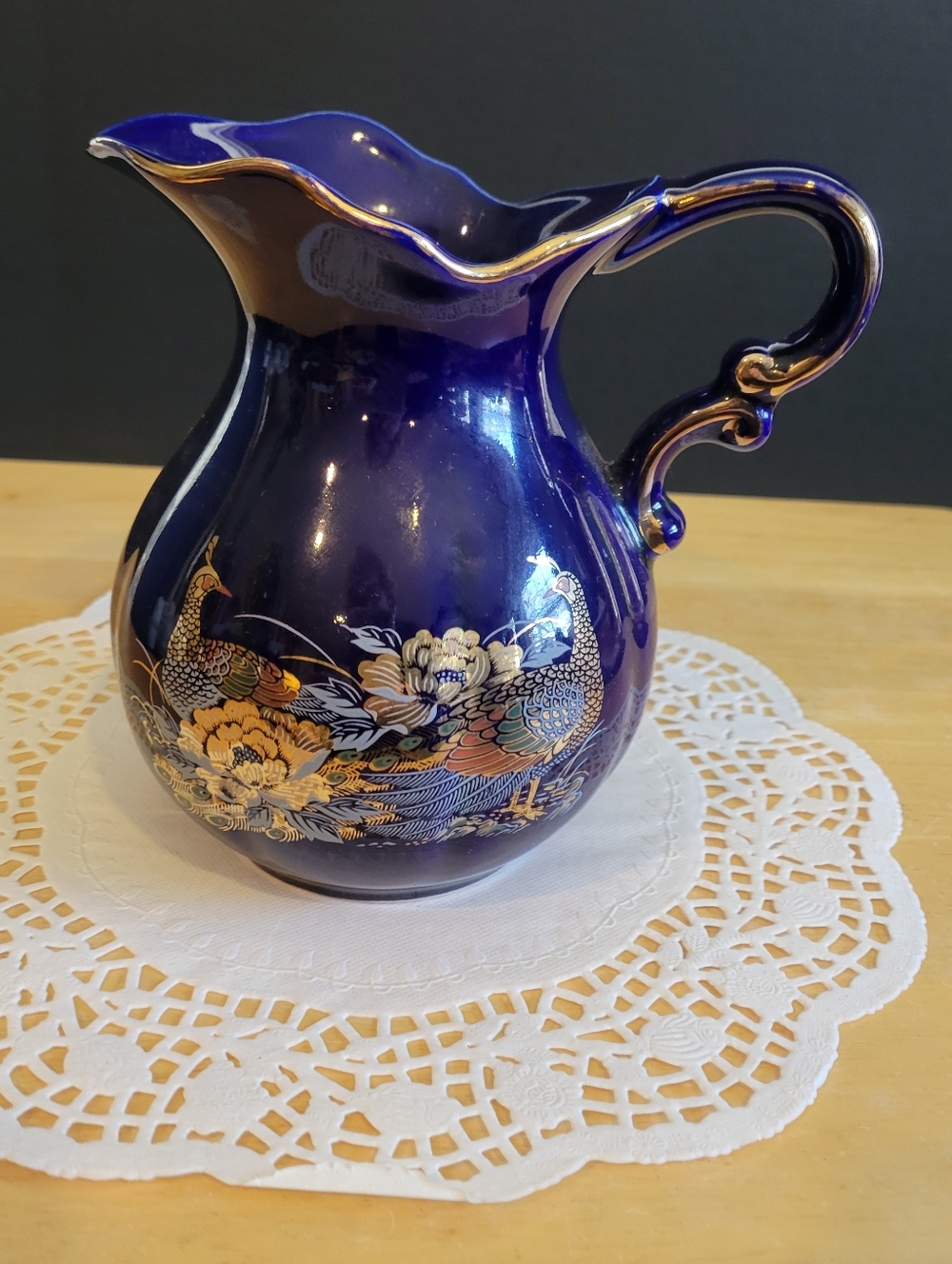 Cobalt Blue Decorative Pitcher with Gold Floral & Peacocks